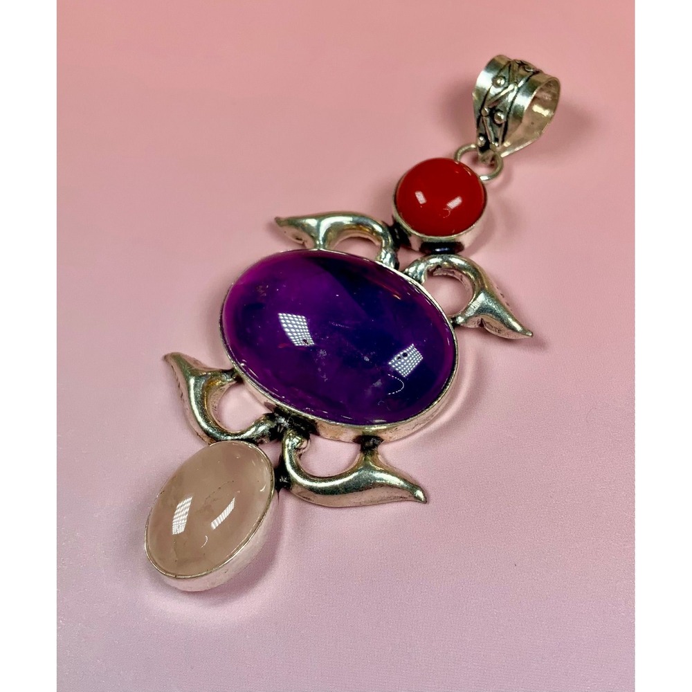 💜❤️🤍‎ Amethyst Coral & Rose Quartz Statement Pendant Boho Cabochon  🤍❤️💜